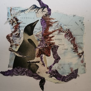 Collage technique mixte. PINGOUIN Antarctique Petite oeuvre d'art unique originale sur carte avec passe-partout noir. Créé par un artiste britannique. Cadeau d'anniversaire sans cadre