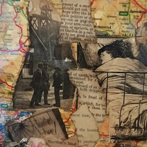 Collage artistico su tavola realizzato nel Regno Unito. Carte vintage con tecniche miste da libri d'epoca. Twisted Wheel, Nord Ovest del Regno Unito. Mappa di Stockport, Manchester, passata.
