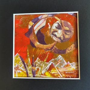 Mixed media collagekunst. Mijn man in de maan. Kleine originele unieke collage op kaart met zwart passe-partout. Gemaakt door een Britse kunstenaar. Niet ingelijst