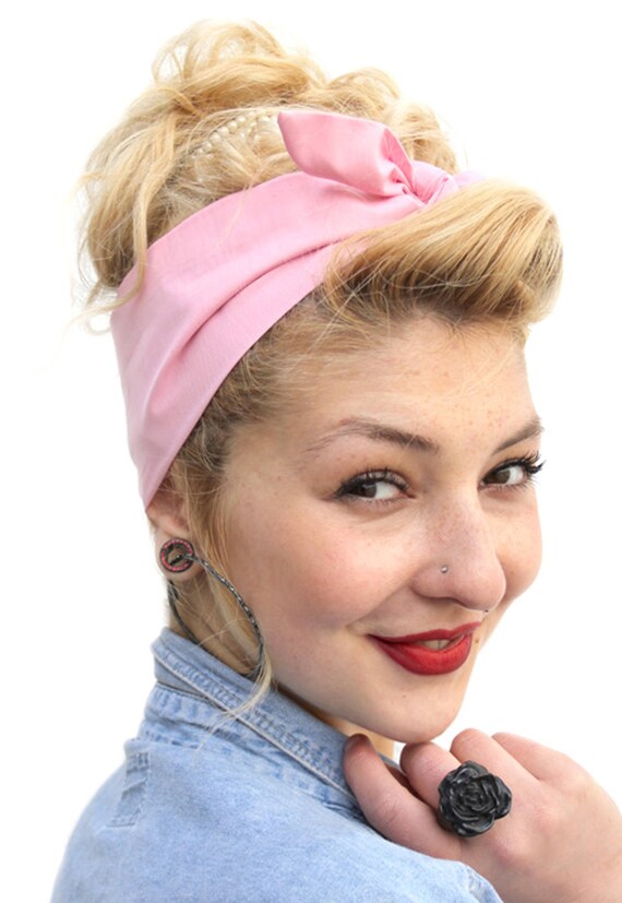 Black Vtg 50s Style Pin Up Head Scarf Bandana Rockabilly Land Girl Retro