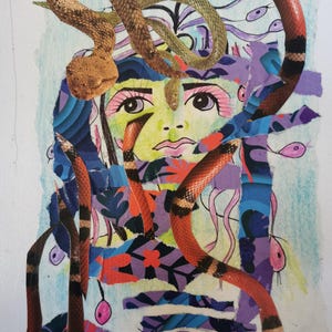 Collage technique mixte. Oeuvre d'art originale et unique utilisant des papiers recyclés sur carte. Sans cadre. Méduse d'art moderne. Cadeau d'anniversaire ou de Noël pour amateur d'art