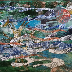 Collage technique mixte sur toile « Lunes sur le lac ». Original de l&#39;artiste britannique H.Dressekie