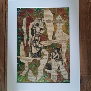 Scuola d'arte. Collage realizzati utilizzando carte ricavate da stampe gelli, carte riciclate, recuperate da libri destinati alla discarica.