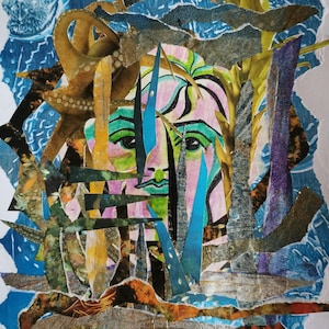 Collage de técnica mixta. 'La bruja del mar'. Arte original y único con papeles reciclados sobre cartulina. Sin marco.