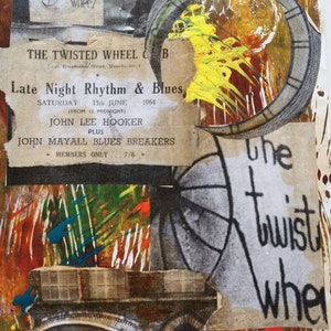 Manchester 1960's Twisted Wheel originele collage op kaart met acrylachtergrond. Gemengde techniek door Britse kunstenaar. Geboorteplaats van Northern Soul
