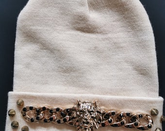 white Beanie Hat - lion chain studs college--uni freshers