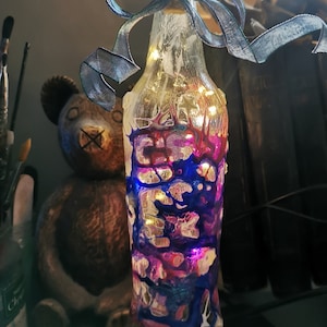 Upcycled Glass Bottle Night Light: Abstract Acrylic Drip Art, Fairy Lights