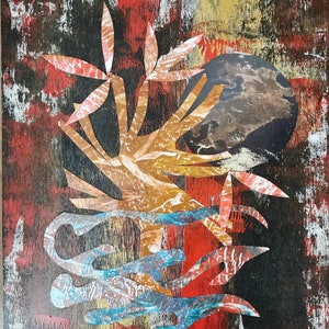 Collage technique mixte sur panneau « Moon Witch ». Original de l&#39;artiste britannique H.Dressekie
