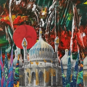 Mixed media-collage. Brighton Pavilion Klein origineel uniek kunstwerk op kaart met zwart passe-partout. Gemaakt door een Britse kunstenaar. Fantastisch verjaardagscadeau
