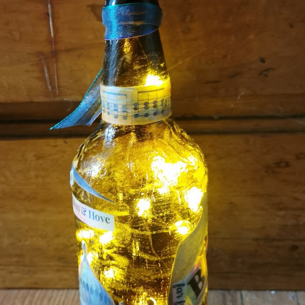 Brighton & Hove LED upcycled bottle lamp. Night light. Abstract Collage Decoupage Art by UK artist. Unique gift with battery operated lights