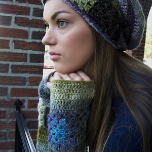 Grey black gloves olive green mitts, purple blue gloves, Granny squares crocheted fingerless gloves wrist warmers 8.5&quot; circumference 9&quot; tall