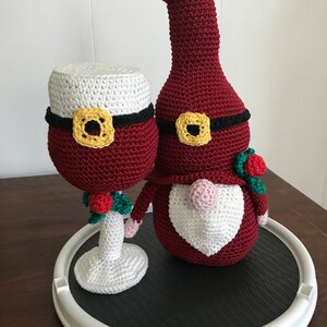 Christmas Gnome theme wine bottle and glass toys, crochet handmade gifts, holiday decorations, ready to ship, 100% cotton made, stuffed toy