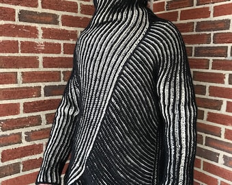 Black white hand knit wool men's sweater, reversible pullover, unisex size L-XL unique gift for him, long sleeves sweater