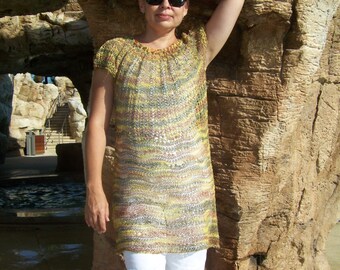 Handgestrickte Leinen Tunika: Boho Flügelärmel Top, Grösse 37-39