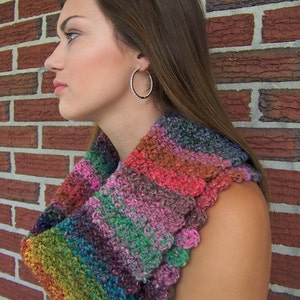 Blue green purple stripe bulky doubled cowl,  yellow brown fall colors scarf, women&#39;s hand crochet wrap, wool scarf, stripped cowl, scarf