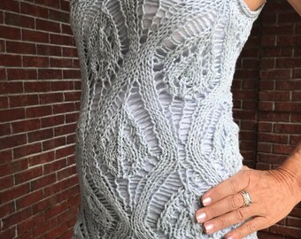 Blue Lace Cover-Up: Hand-Knit Organic soft Cotton Tank, Bohemian Beach Top, hand knitted with a floral pattern