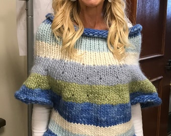 Hand Knitted Alpaca Blend Bolero: Striped Cropped Shrug, Size Medium