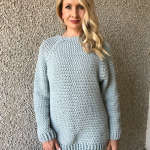 blue Hand crocheted pullover, soft wool raglan shape long sleeves sweater, light blue women&#39;s size 6-8 pullover pastel color, alpaca sweater