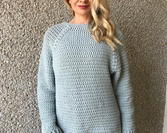 blue Hand crocheted pullover, soft wool raglan shape long sleeves sweater, light blue women's size 6-8 pullover pastel color, alpaca sweater