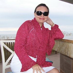 Shimmering sparkly red short cropped cardigan, hand knitted bolero, red shrug for Large-Extra Large Women&#39;s Size, Christmas red sweater