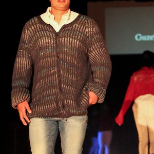 Grey hand knit wool men&#39;s cardigan, blue reversible jacket,  olive green unisex size L-XL unique with zipper cardigan, long sleeves sweater