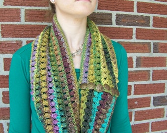 Blue green stripe scarf,   yellow brown 42" 105cm long cowl, buttoned scarf, purple women's hand crochet cowl, fall colors scarf, wool scarf