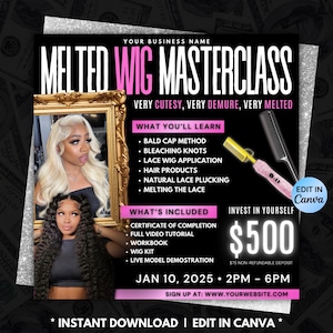 Hair Masterclass Flyer: Wig Install Course, Lace Front (Editable Template)