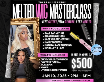 Hair Masterclass Flyer: Wig Install Course, Lace Front (Editable Template)