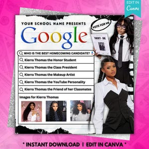 Könnte beinhalten: Ein Mockup einer Google-Suchseite mit dem Text "Wer ist der beste Homecoming-Kandidat?" und einer Liste von Optionen für Kierra Thomas. Das Bild enthält ein Foto von Kierra Thomas und den Text "Wählt mich" und "Einundzwanzig".