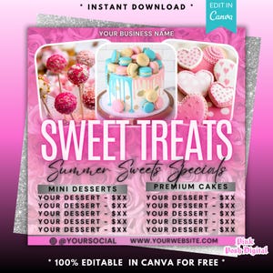 Dépliant de boulangerie, Dépliant de boulangerie, Liste des prix des aliments, Dépliant de pâtisserie, Vente de pâtisseries, Gâteau, Trempé aux fraises, Cake Pops, Dépliant de la carte des desserts