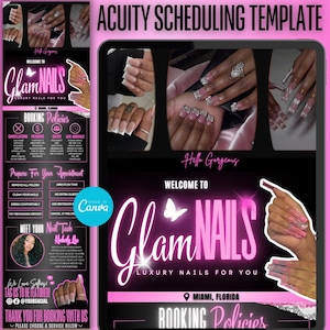 May include: A pink and black graphic design for a nail salon called "Glam Nails" with the text "Luxury Nails For You". The design features a butterfly, a location pin with the text "Miami, Florida", and the text "Booking Policies".