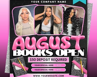 August Booking Flyer, August Hair Flyer, Lash flyer, Nail flyer, Wig flyer, Braid flyer, Book now, Appointment Available, Back to school