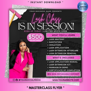 Puede incluir: Un folleto rosa y negro que promociona una clase de pestañas. El folleto incluye el texto "Lash Class IS IN SESSION!" y enumera temas como anatomía y aplicación de pestañas. Una mujer con una blazer rosa aparece en la imagen.