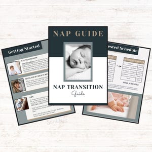 May include: A three-page informational nap guide featuring a dark blue and white colour scheme. The cover displays the text NAP GUIDE and NAP TRANSITION Guide with a photo of a sleeping infant. Additional pages include Getting Started and Suggested Schedule.