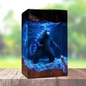 Godzilla Resin Lamp, Glow in the Dark Kaiju Decor, Movie Monster Desk Statue, Handmade Resin Diorama Gift