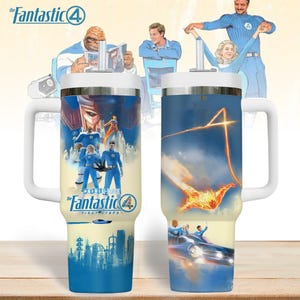 Fantastic Four Tumbler, First Steps Superhero Travel Cup, Fantastic Movie Gift for Fan, Comic 40oz Cup, Heroic Team Drinkware
