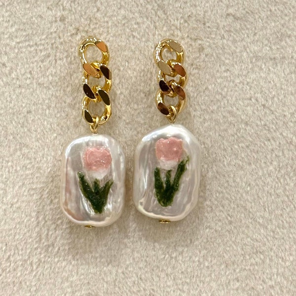 Natural Freshwater Pearl Earrings, Keshi Pearl Earrings, classic oil paint Style, Rose Oil Paint Earrings, Unique Jewelry, S925 Silver