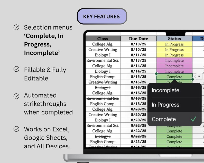 Complete Incomplete Excel Assignment Tracker Spreadsheet | Excel & Google Sheets | Student ...
