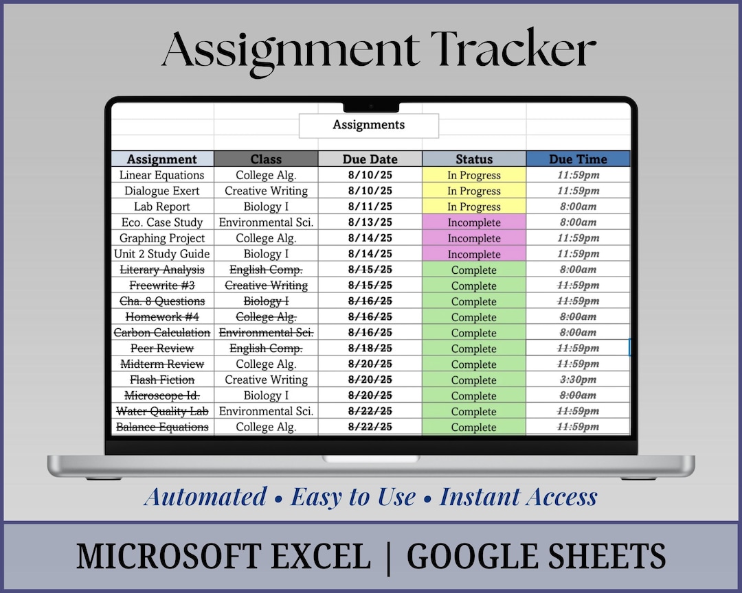 Assignment Tracker Spreadsheet | Excel & Google Sheets | Student ...