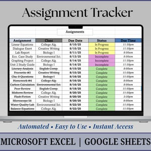 Peut inclure: Un écran d'ordinateur portable affiche un suivi des devoirs sous forme de feuille de calcul. Le suivi comprend des colonnes pour les devoirs, les cours, les dates d'échéance, le statut et les heures d'échéance. Le texte "Assignment Tracker" est en haut.