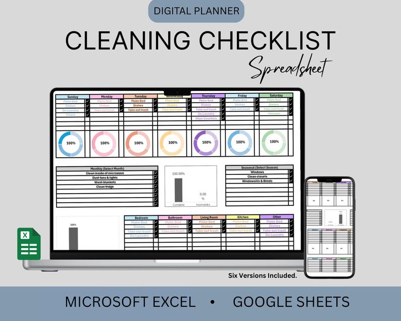 Cleaning Checklist Spreadsheet for Excel and Google Sheets | Digital ...