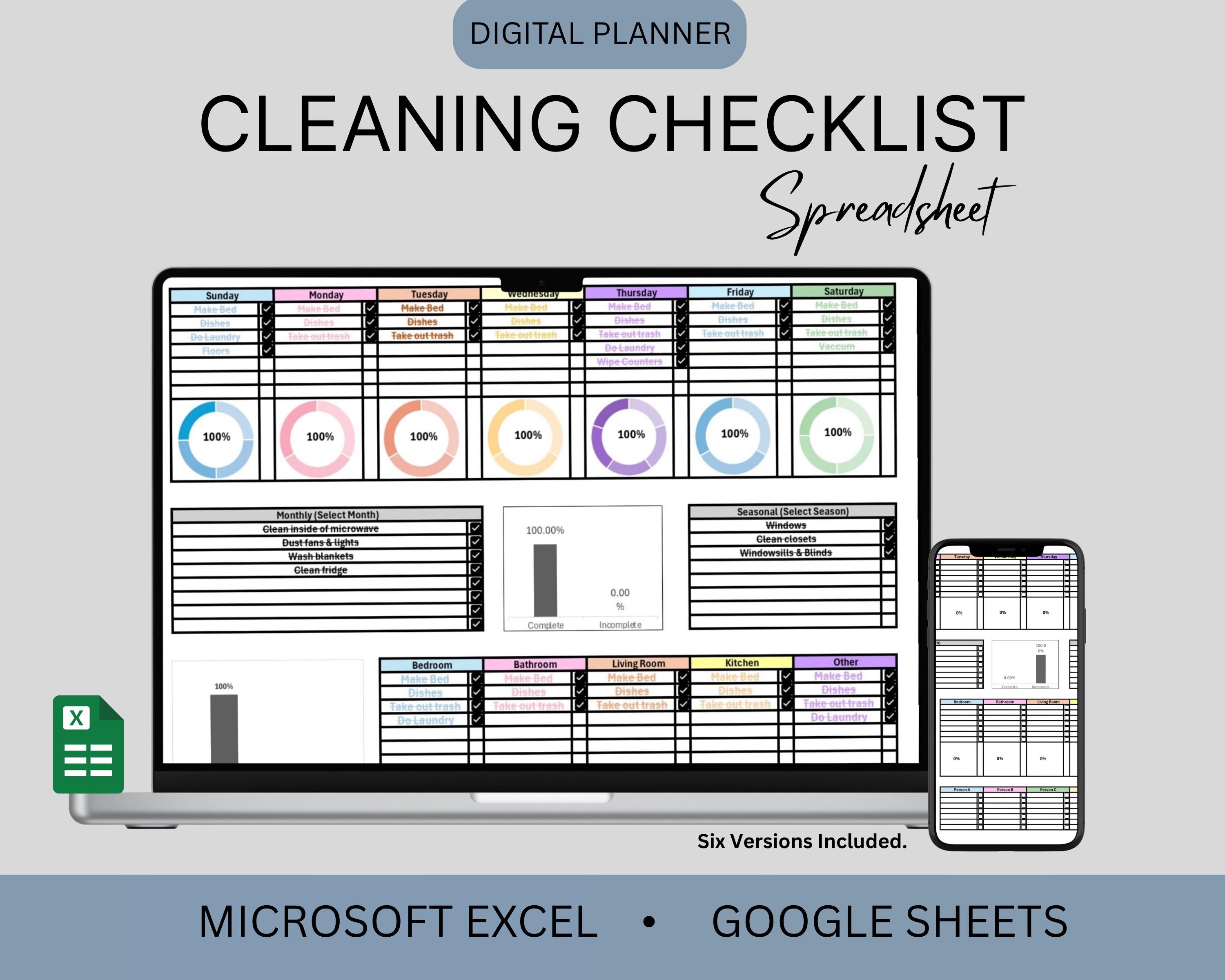 Cleaning Checklist Spreadsheet for Excel and Google Sheets | Digital ...