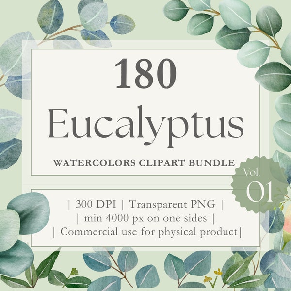 Eucalyptus Watercolor Greenery Botanical CLIPART, Transparent Green Leaves PNG, Whimsical Nature Crafting Nursery Decoration Design V1