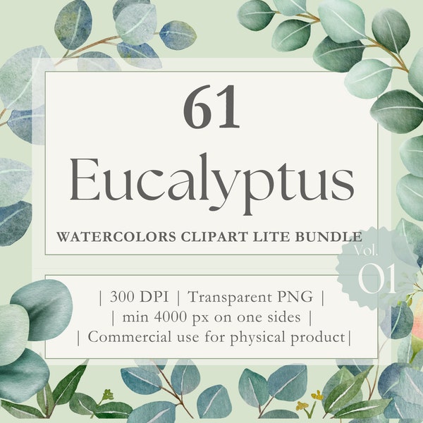 Eucalyptus Watercolor Greenery Botanical Clipart, Transparent Green Leaves PNG, Whimsical Nature Crafting Nursery Decoration Design, Lite V1