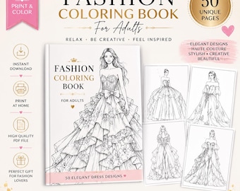Livre de coloriage mode pour vous | 5 pages à colorier de robes élégantes | PDF |  Téléchargement instantané