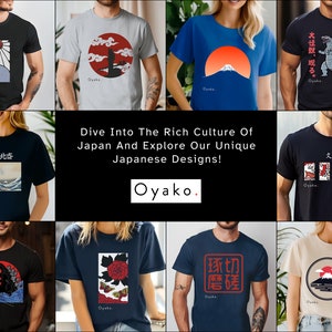 May include: A collection of t-shirts featuring Japanese-inspired designs. The designs include a red sun with a mountain, a wave, a Godzilla-like monster, a red circle with a mountain, a red circle with a flower, a red circle with a mountain, a red circle with a mountain, and a red circle with a mountain. The text on the shirts includes "葛飾北斎", "Oyake", "ゴジラ", "大怪獣、現る。", "文月", "环切磨磋", and "Oyako."