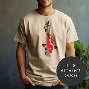 May include: A beige t-shirt featuring a black and red koi fish graphic. The text "Oyako." is printed below the fish. The t-shirt is available in five different colours.