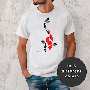 May include: White t-shirt featuring a black and red koi fish design. The text "Oyakko." is printed below the fish.