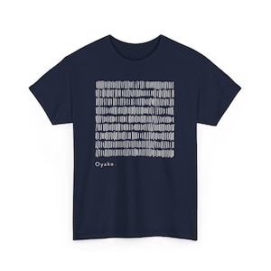 May include: Navy blue t-shirt with a white abstract design of vertical lines arranged in a grid pattern. The word "Oyako." is printed in white below the design. The shirt is a short-sleeved crew neck.