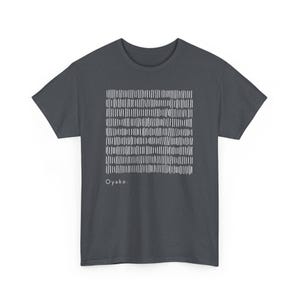 May include: Dark gray t-shirt with a white, grid-like pattern of vertical lines. The word "Oyako" is printed in white at the bottom left of the design. The shirt is a basic crew neck style.